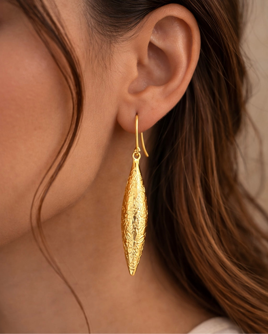 Gold Textured Leaf Drop Earrings