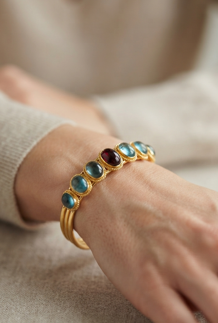 Blue Apatite & Garnet Open Cuff Bracelet in 18K Gold Vermeil