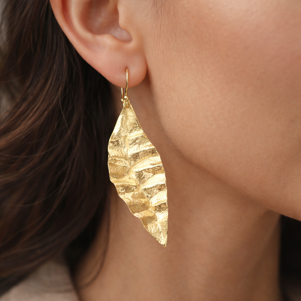 Gold Leaf Dangle Earrings for Women | Textured Leaf Drop Earrings