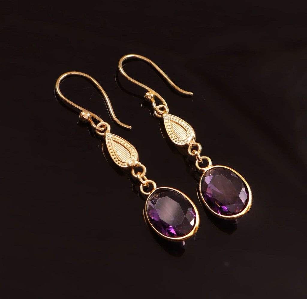 Amethyst Stone Oval Drop Earrings Gold Plated