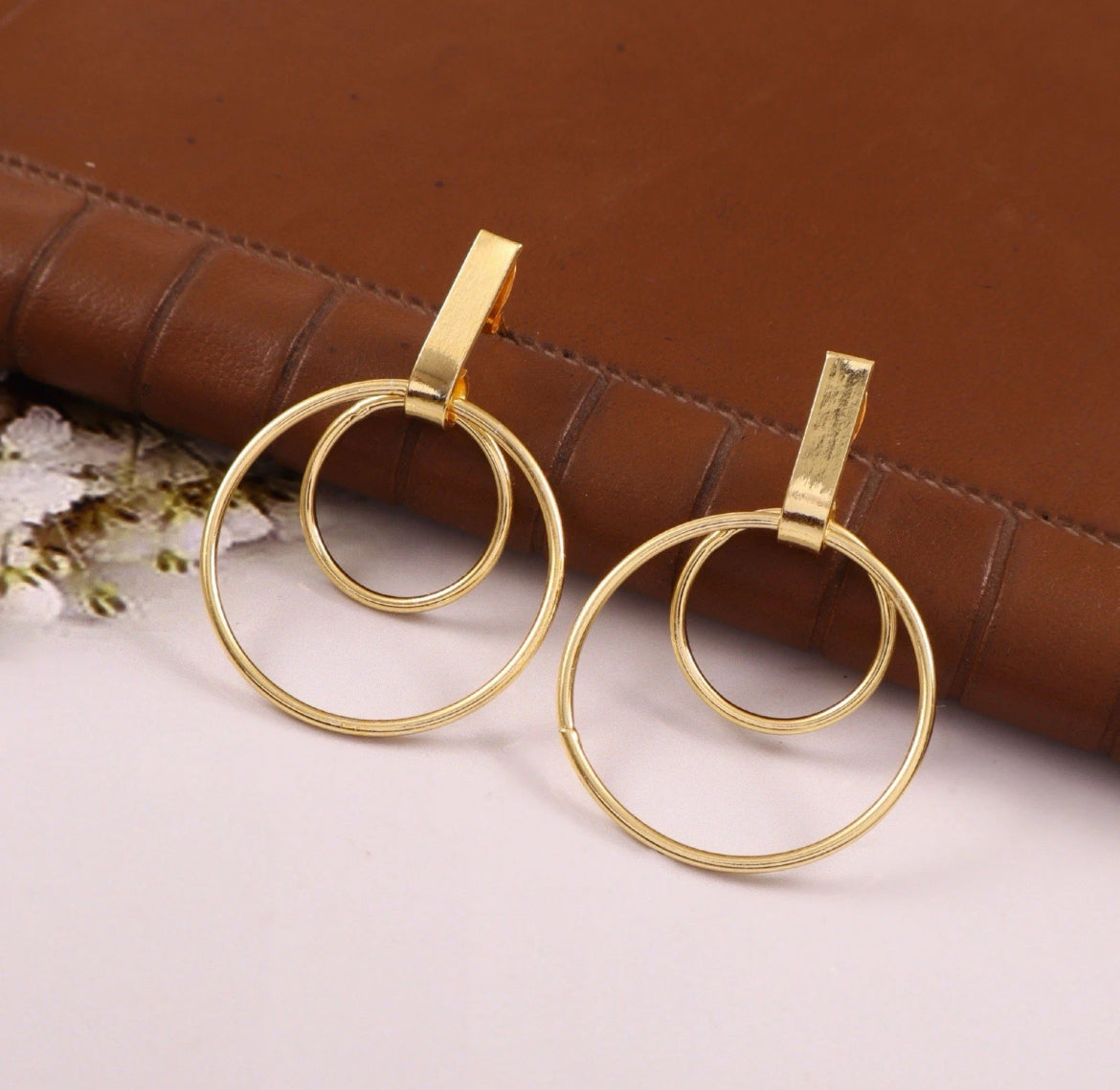 Gold Tone Double Hoop Drop Earrings Modern