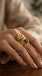 Green & Golden Cat’s Eye Statement Ring in 18K Gold Vermeil