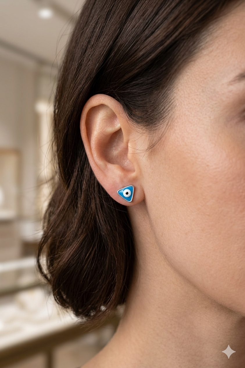 Blue Evil Eye Triangle Stud Earrings
