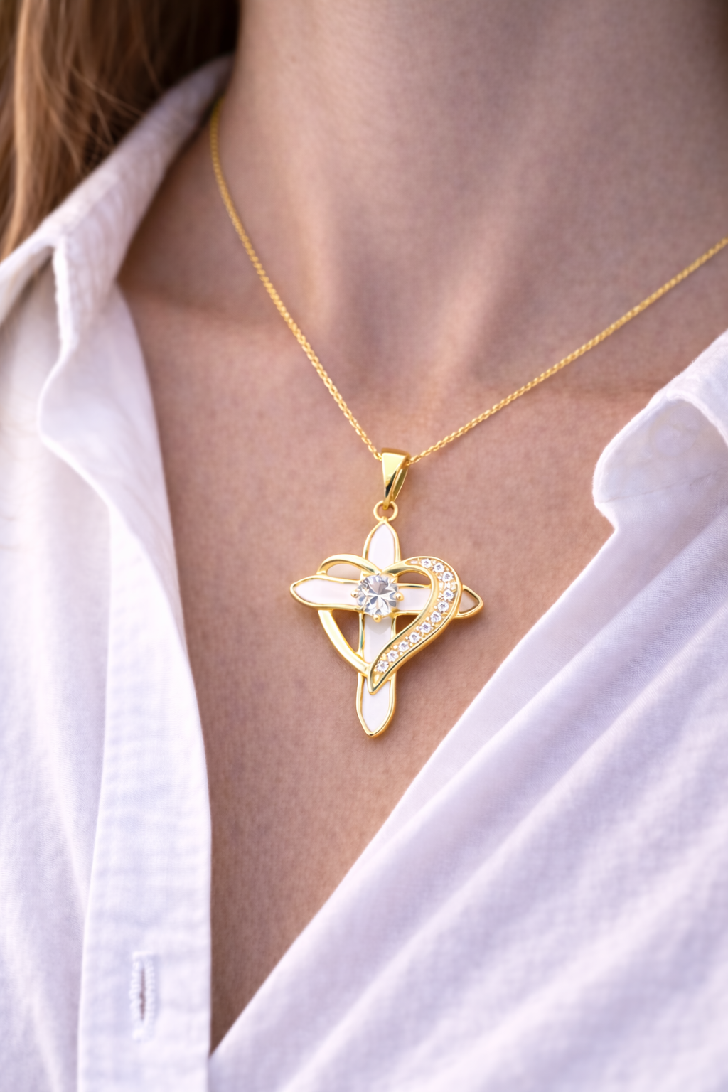 Gold Cross Heart Pendant Necklace | White Enamel Cross with CZ Diamond