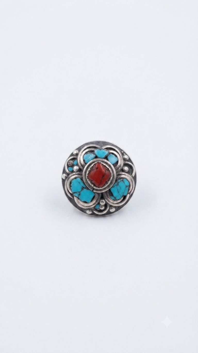 Vintage Tibetan Nepali Turquoise & Coral Ring