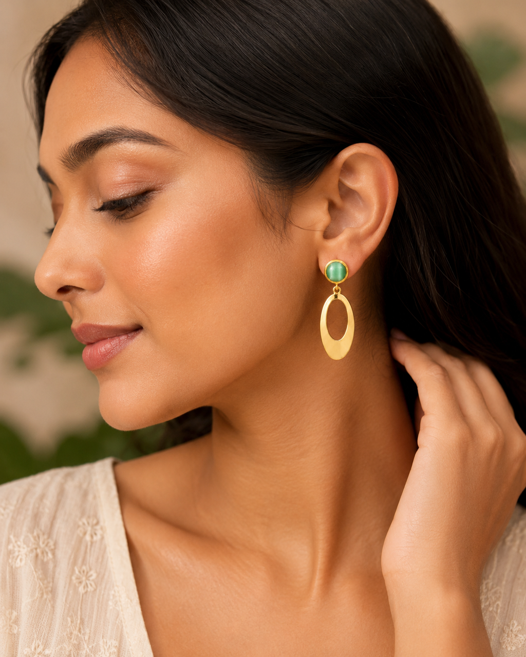 Green Cat’s Eye Gold Drop Earrings