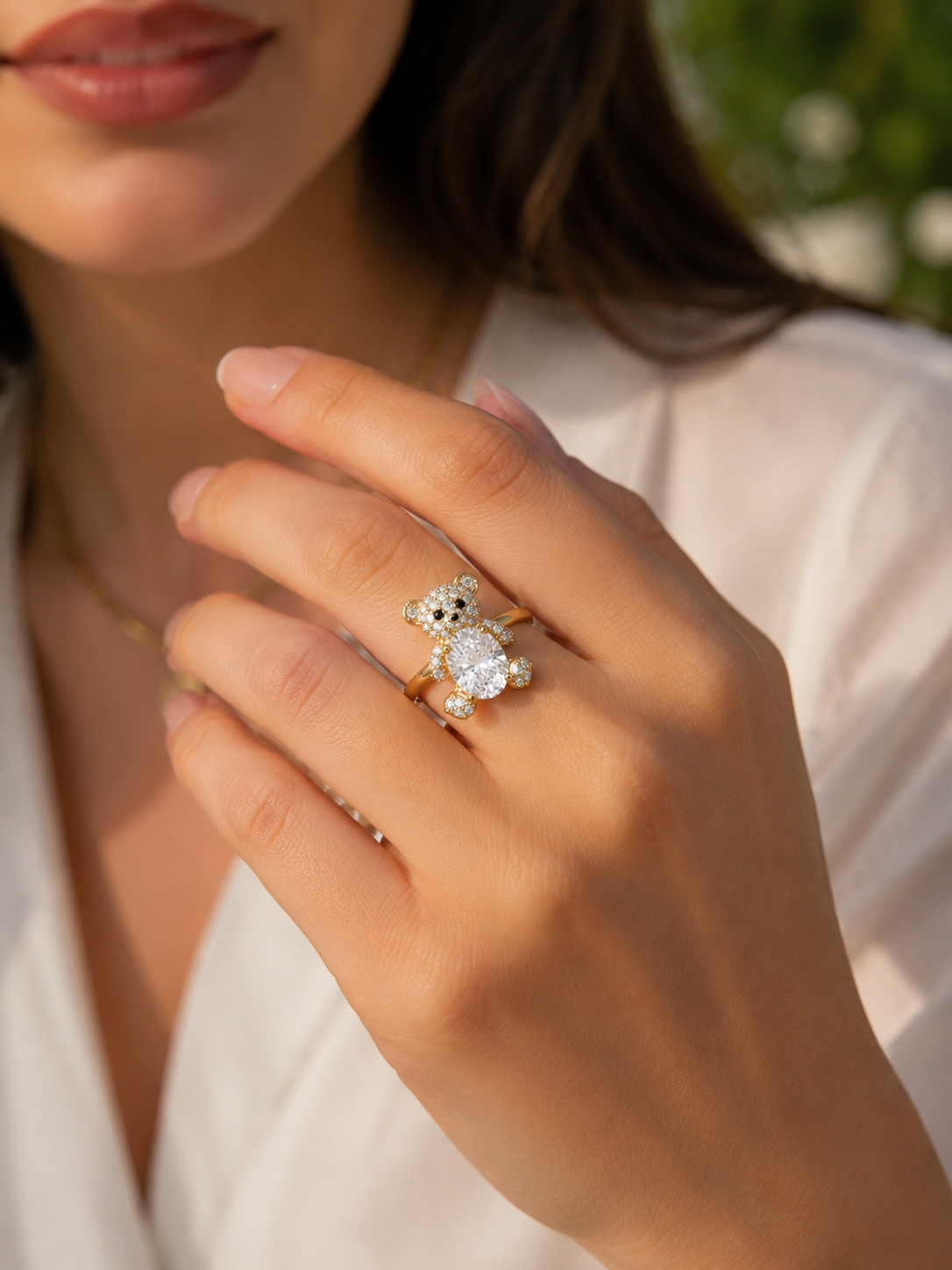 Cute Teddy Bear Crystal Ring in Gold Finish