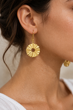 Sunburst Textured Gold Disc Drop Earrings