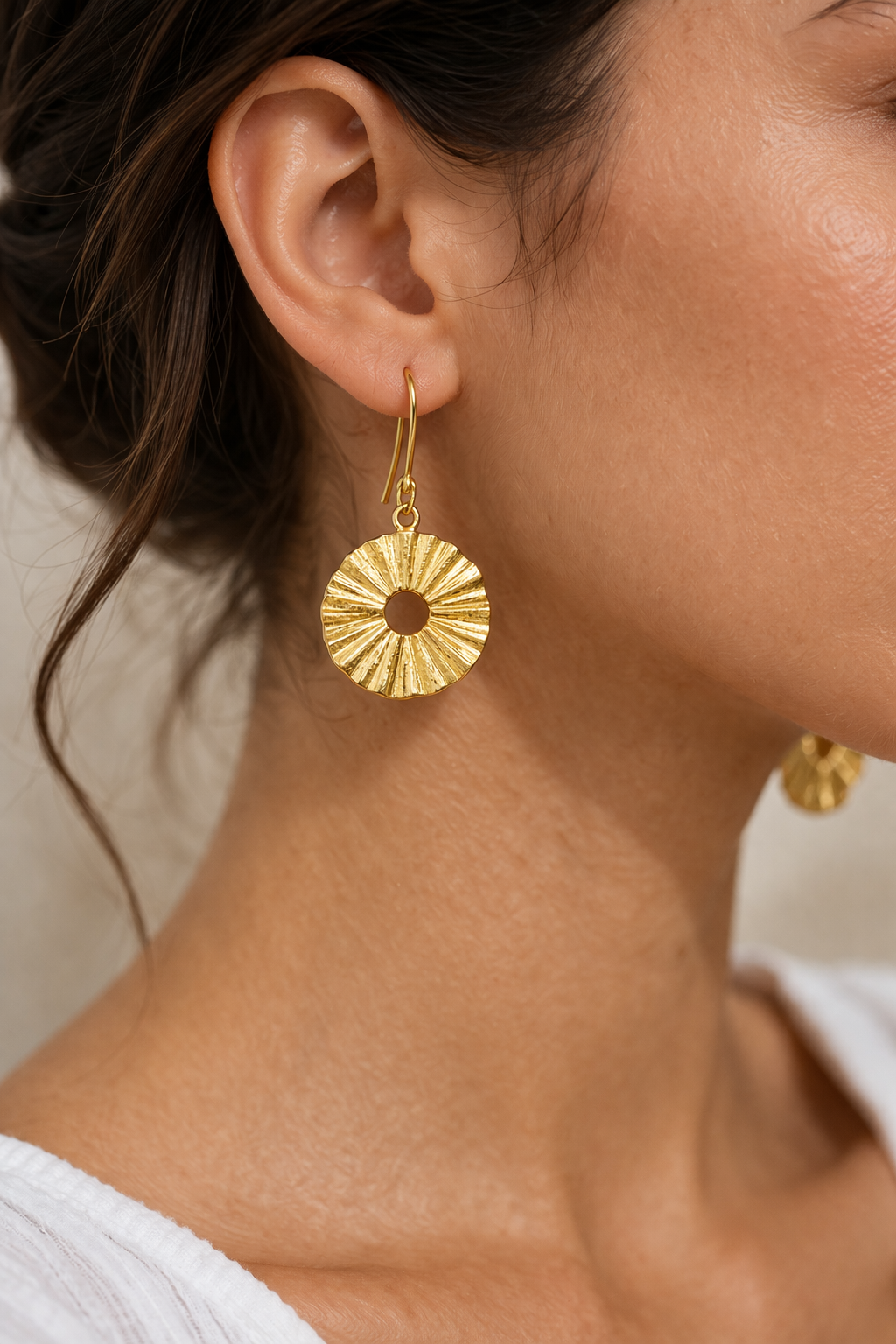 Sunburst Textured Gold Disc Drop Earrings