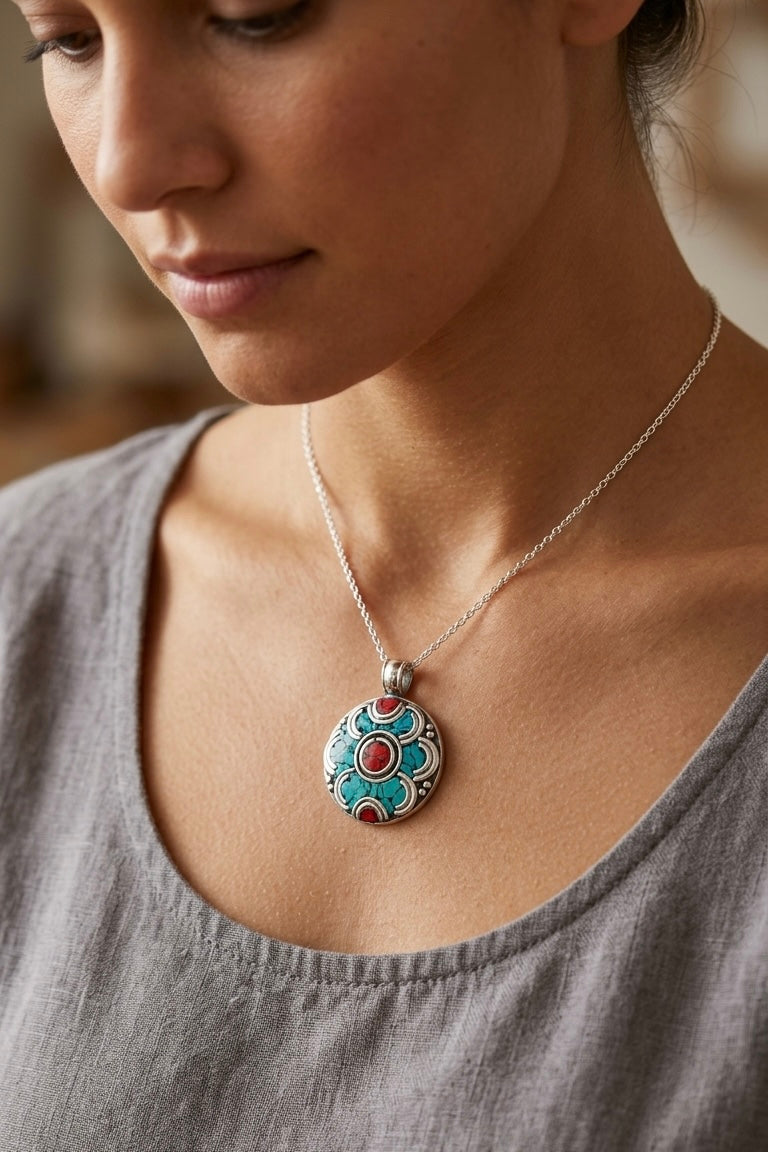 Vintage Turquoise & Coral Mosaic Pendant