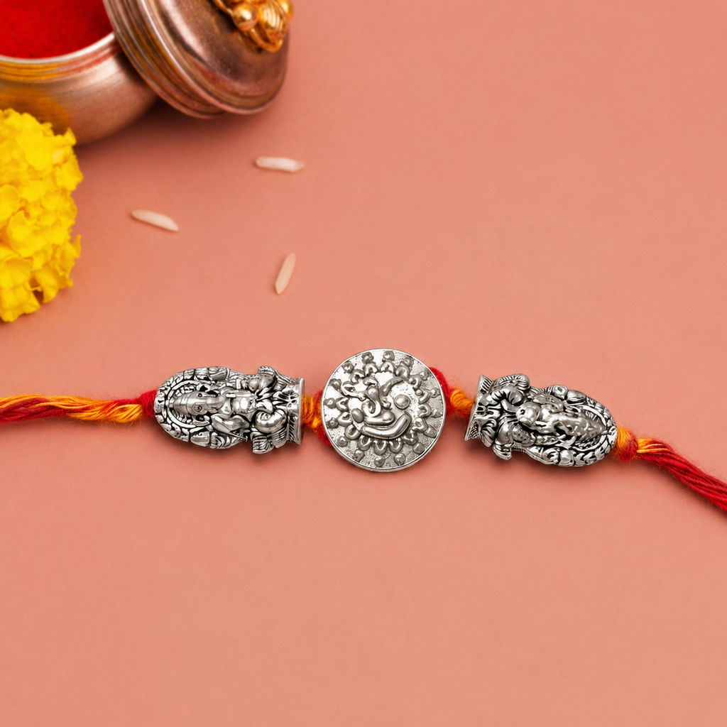 Silver Plated Ganesh & Lakshmi Rakhi for Brother | Premium Designer Rakhi