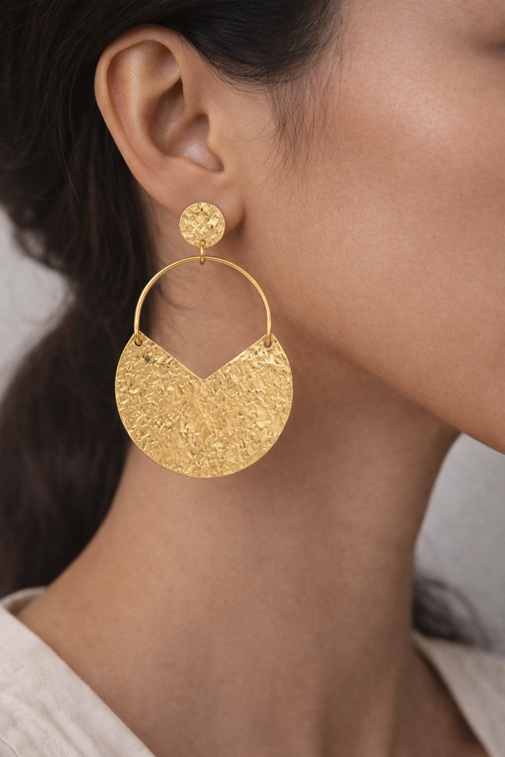 Textured Fan Hoop Gold Statement Earrings