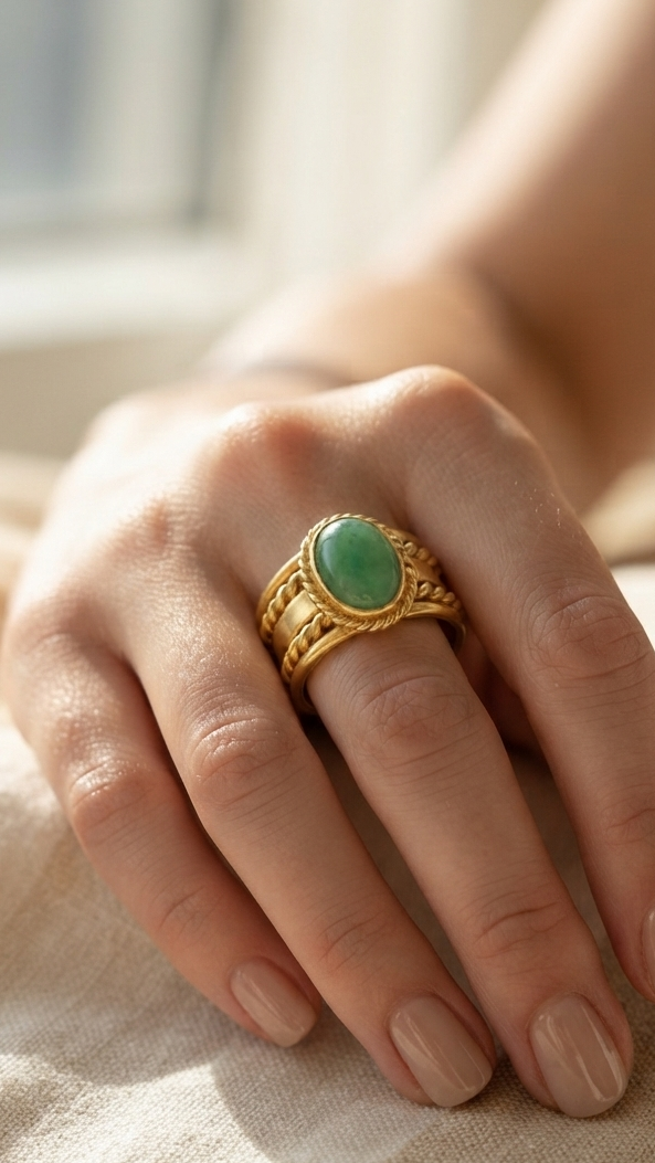 Green Aventurine Oval Cabochon Ring in 18K Gold Plated | Handmade