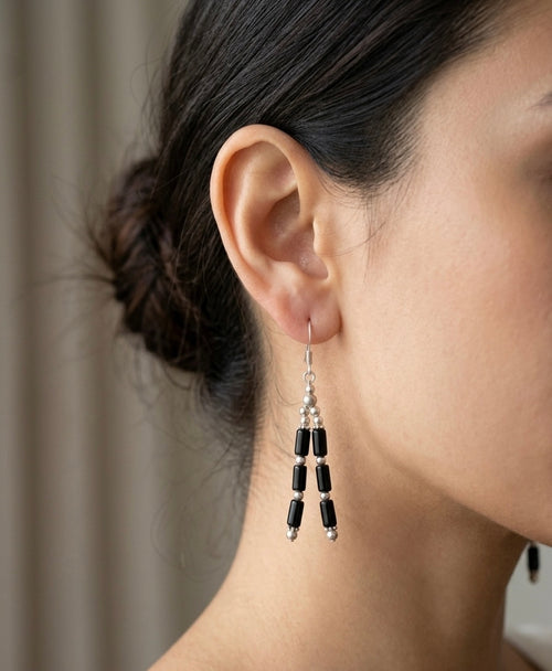 Black Onyx Bead Dangle Earrings