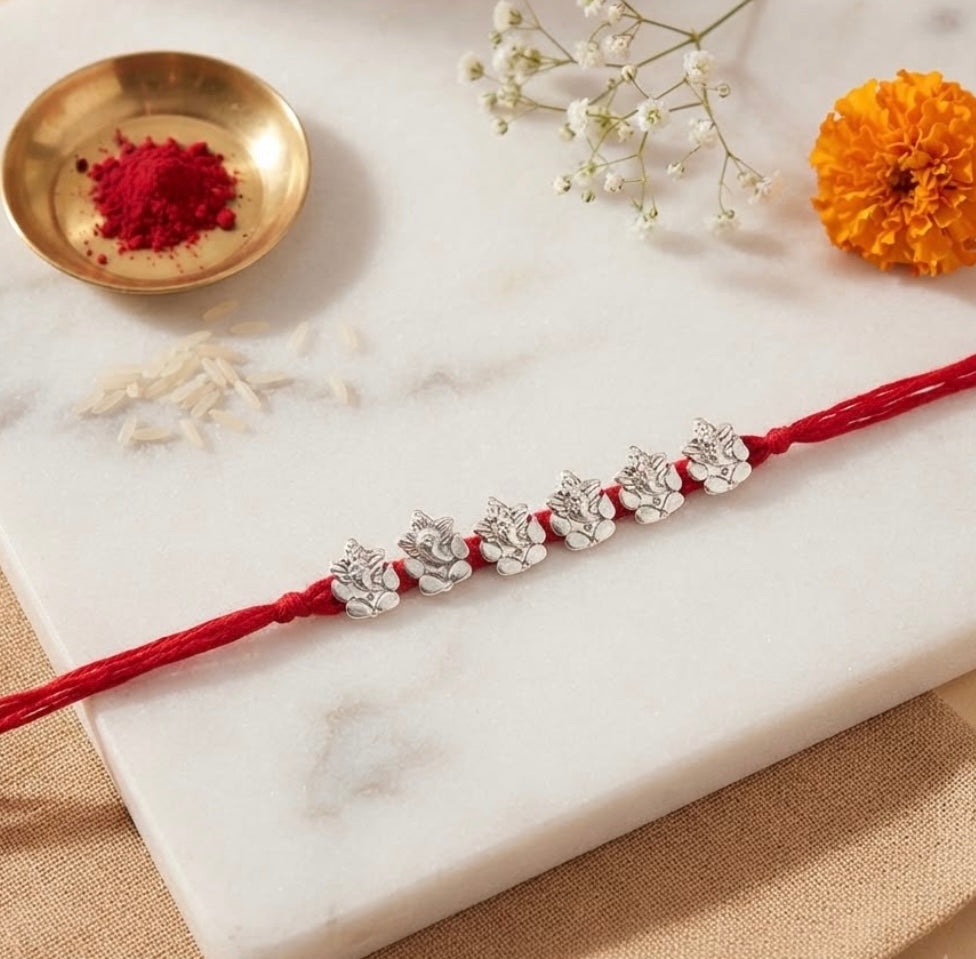 5 Ganesha Bead Silver Rakhi for Brother