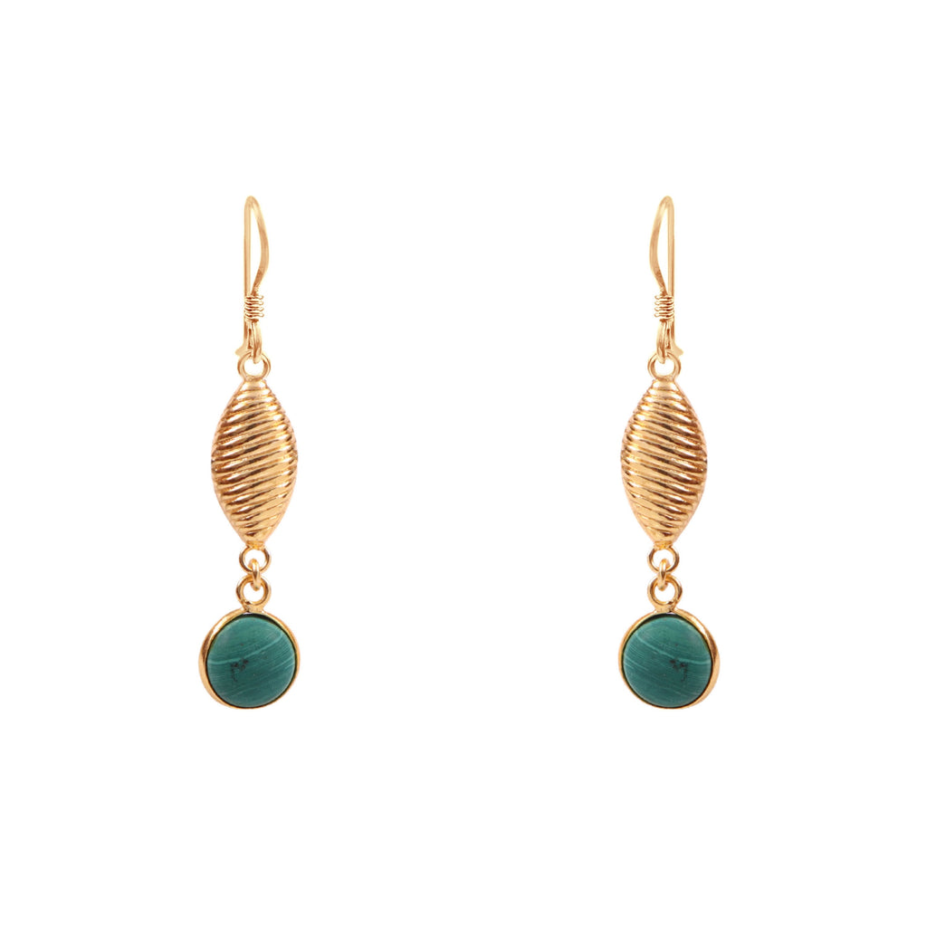 Gold Textured Drop Earrings with Malachite stone