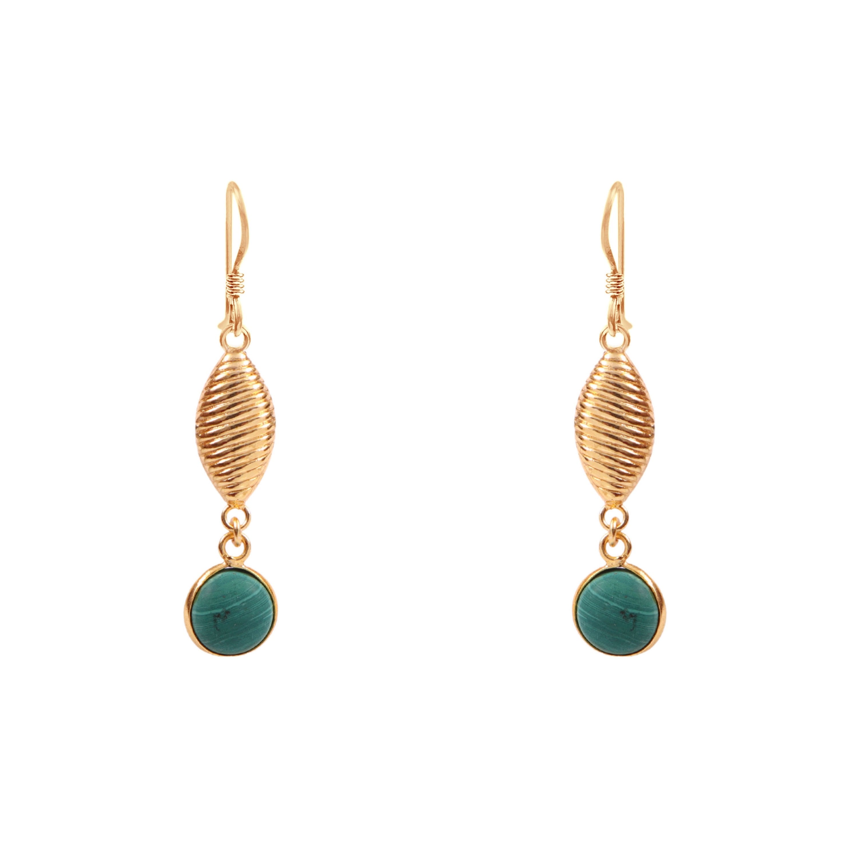Gold Textured Drop Earrings with Malachite stone