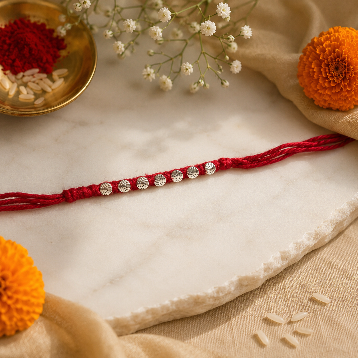 Silver Plated Rakhi for Brother | Handmade Red Thread Rakhi