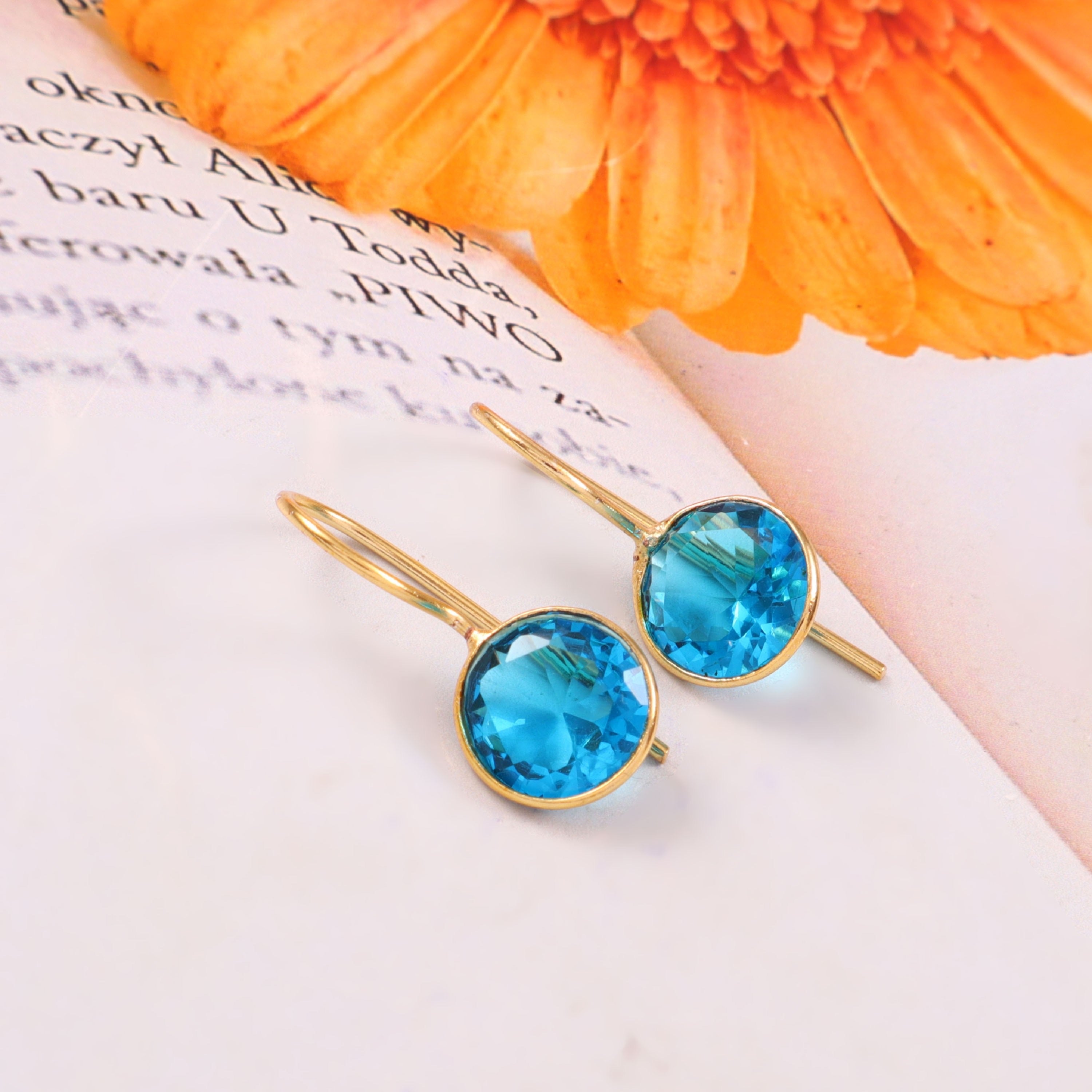 Blue Stone Round Earrings Gold