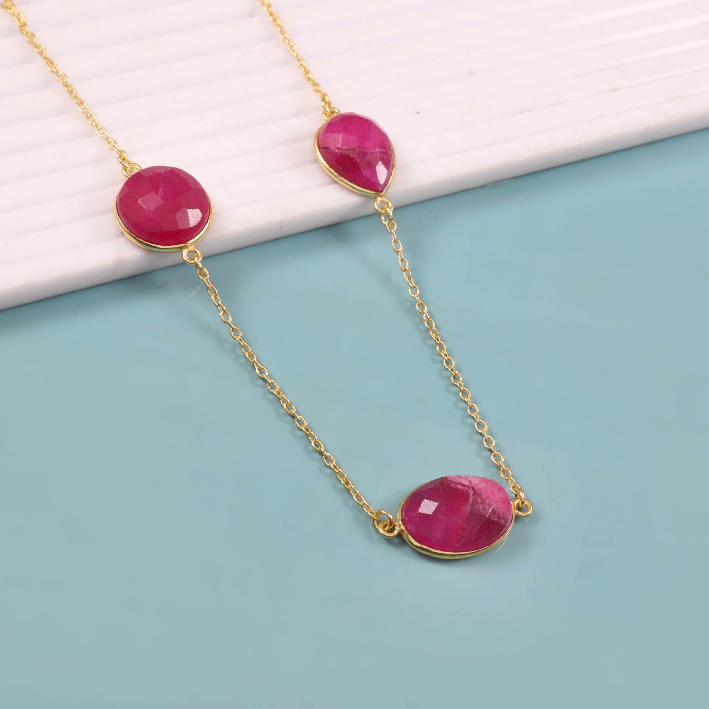 Pink Gemstone Gold Link Necklace