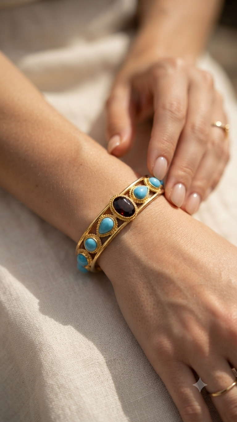 Turquoise & Garnet Open Cuff Bracelet