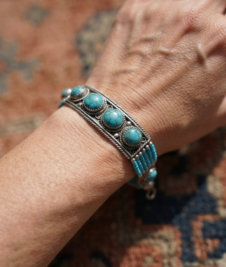 Nepali Turquoise Stone Bracelet, Boho Silver Bracelet