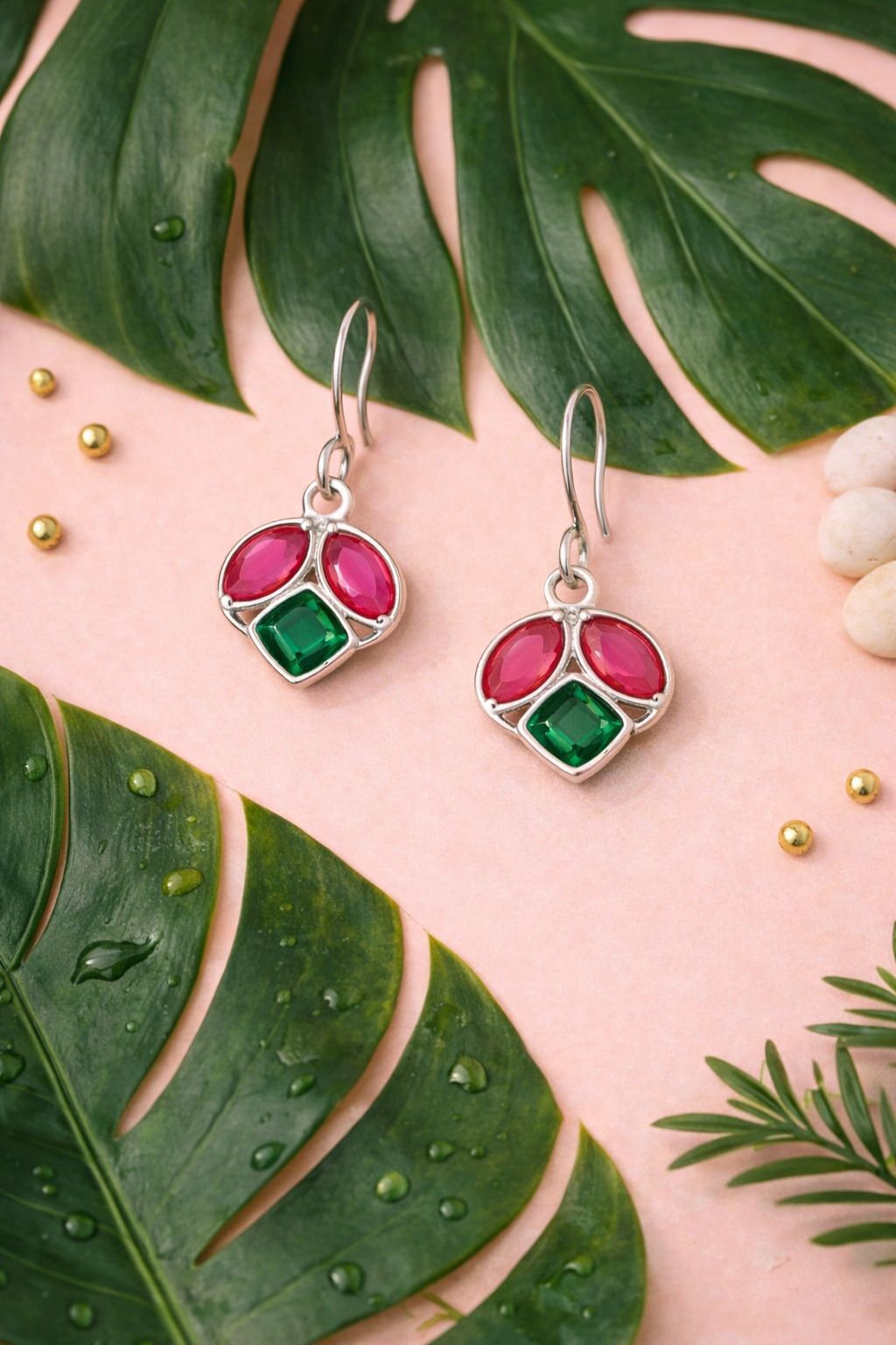 Ruby & Emerald Inspired Silver Tone Drop Earrings