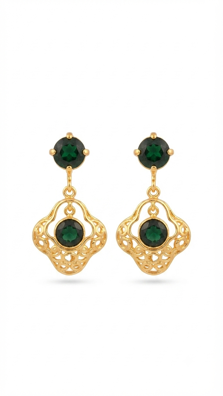 Green Onyx Filigree Drop Earrings in 18K Gold Plated | Handmade