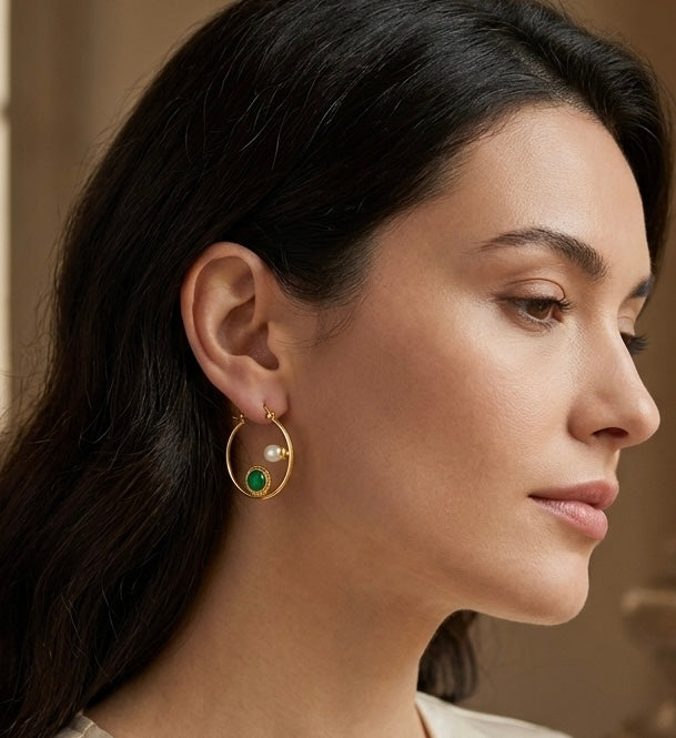 Minimalist Green Stone & Pearl Gold Hoop Earrings
