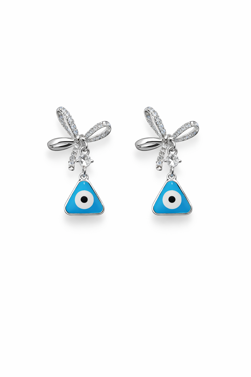 Evil Eye Bow Earrings, Blue Triangle Drop Earrings