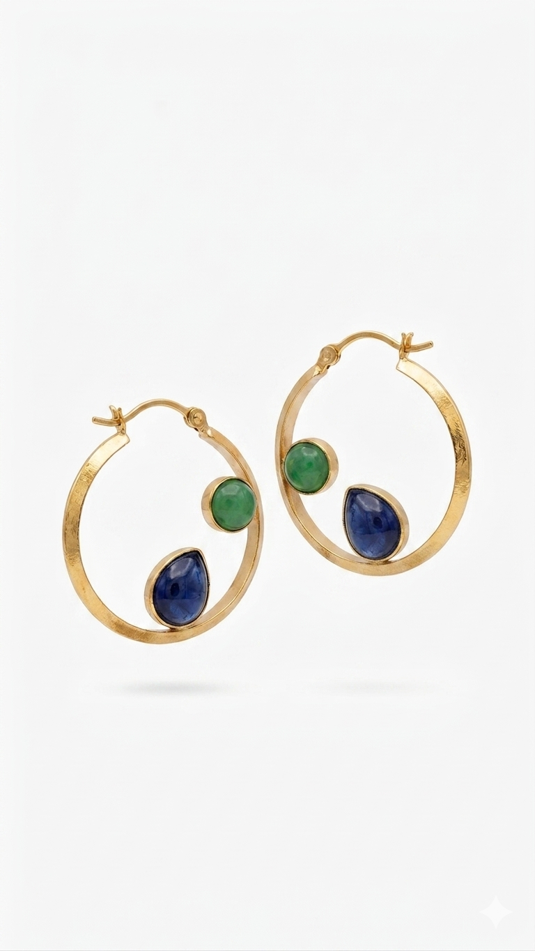 Modern Gold Hoop Earrings with Blue & Green Gemstones