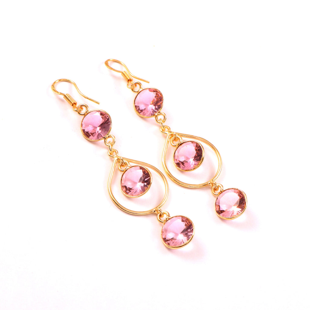 Gold Pink Crystal Teardrop Dangle Earrings