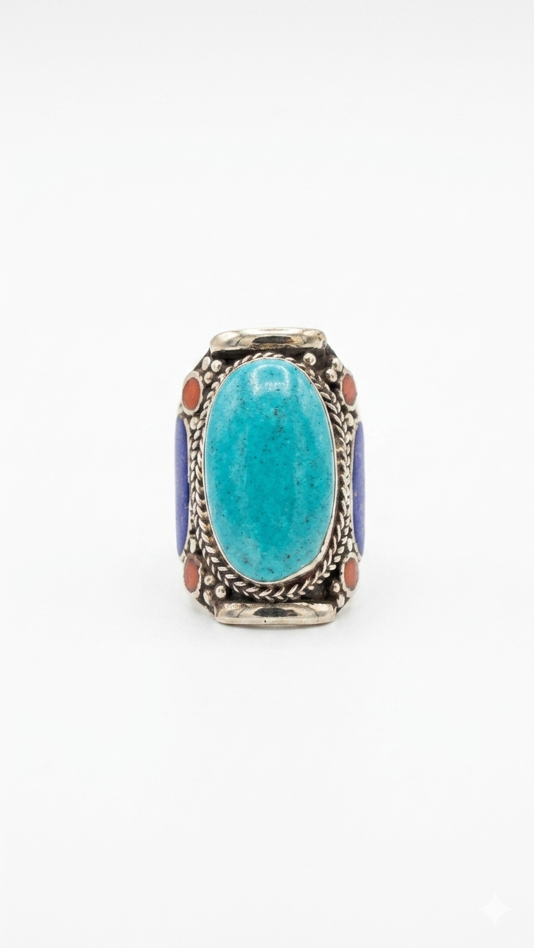 Vintage Turquoise Statement Ring, Handmade Tribal Silver Ring