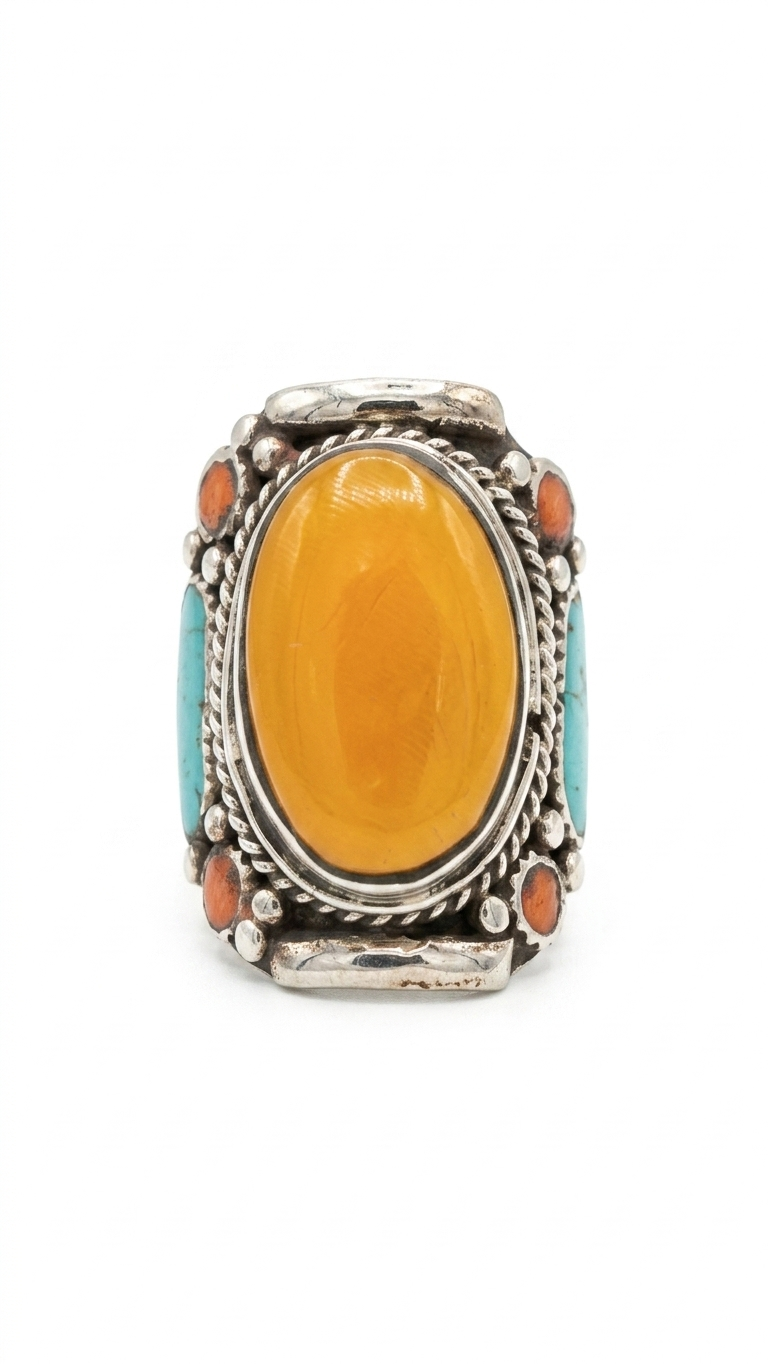Vintage Yellow Jasper Statement Ring, Tribal Silver Ring