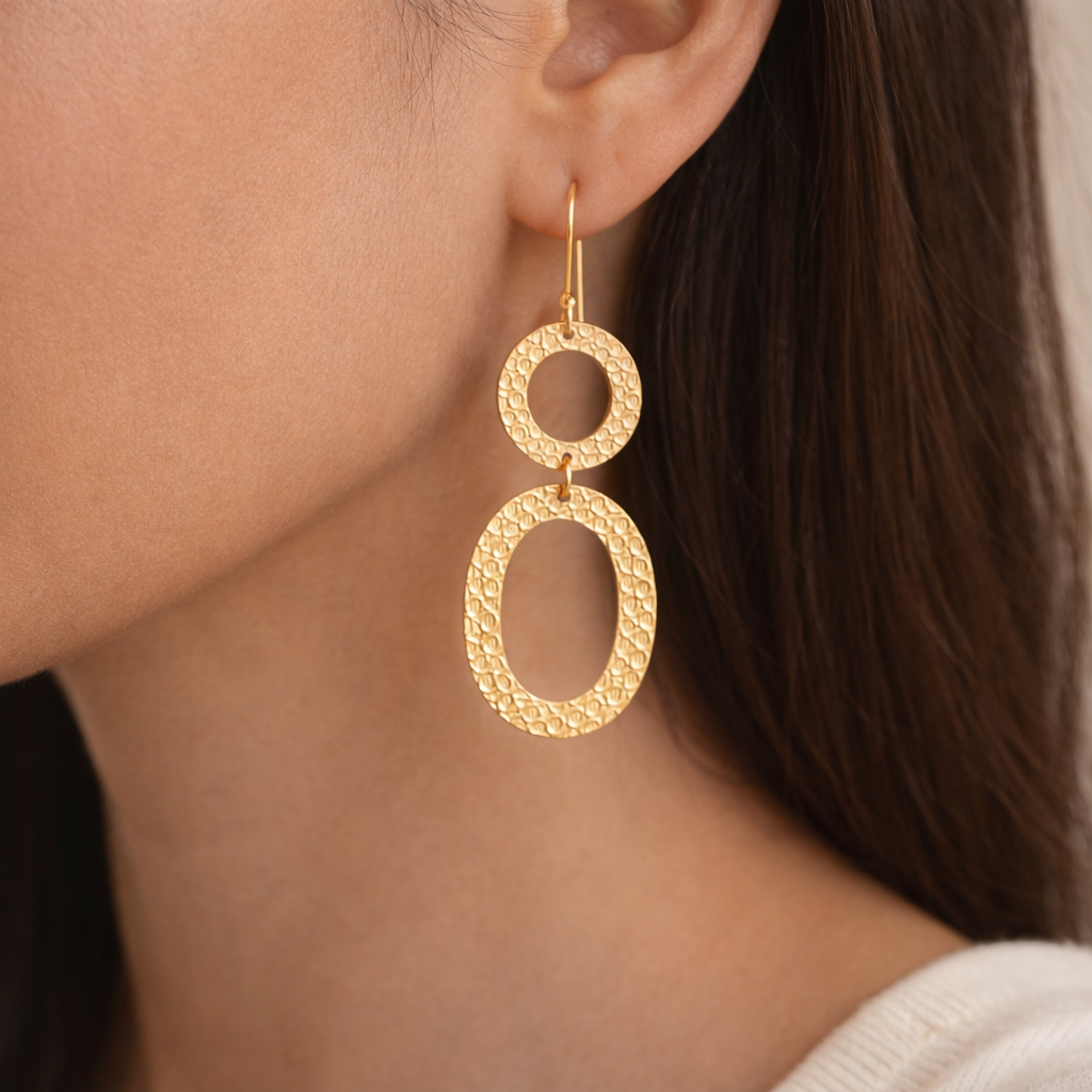 Hammered Gold Double Hoop Dangle Earrings