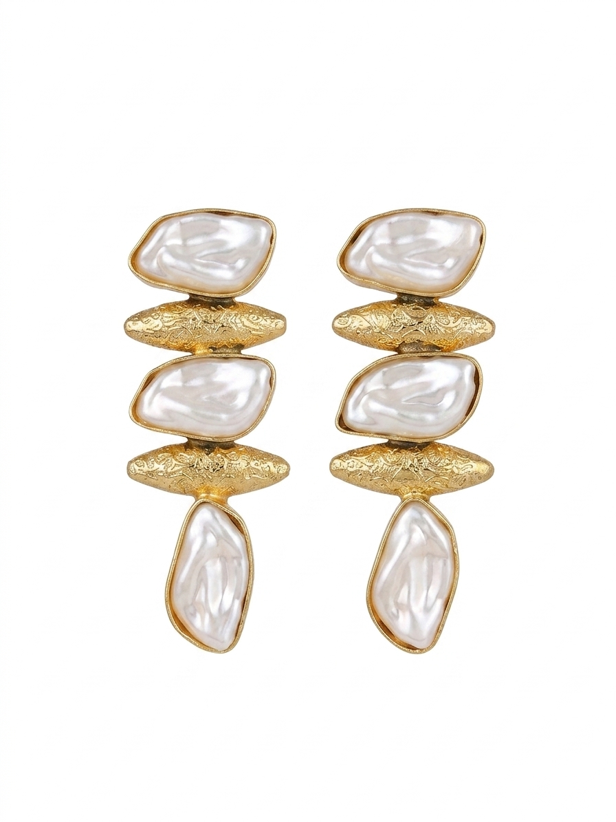 Gold Textured Pearl Drop Earrings