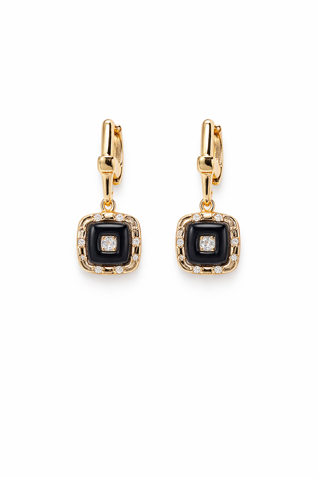 Black Square Drop Earrings, Gold Dangle Earrings