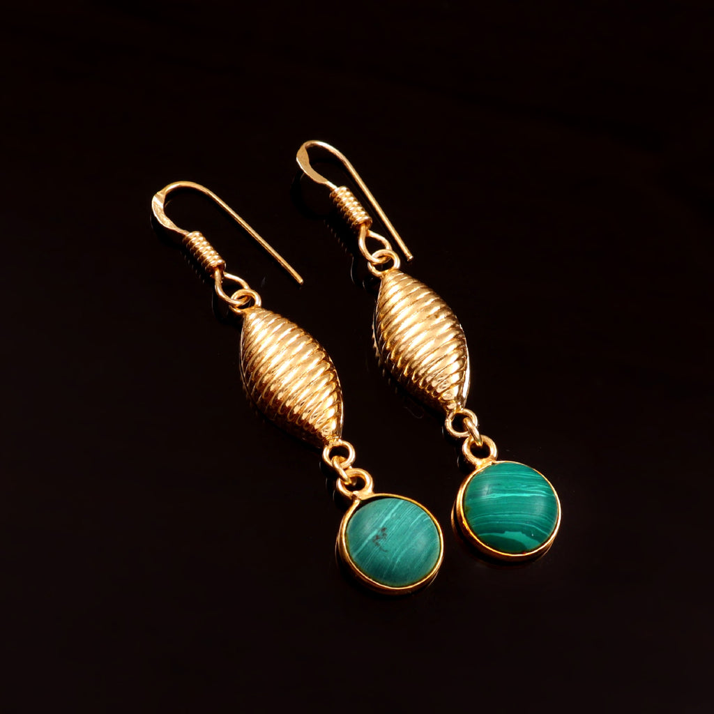 Gold Textured Drop Earrings with Malachite stone