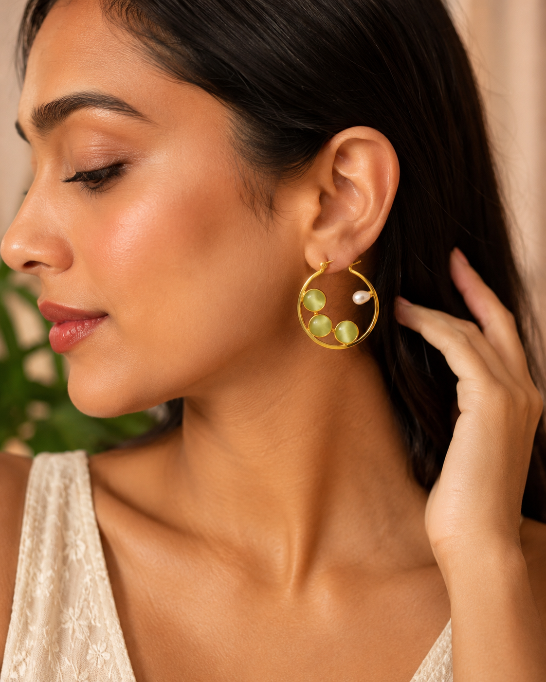 Green Cat’s Eye Oval Drop Earrings