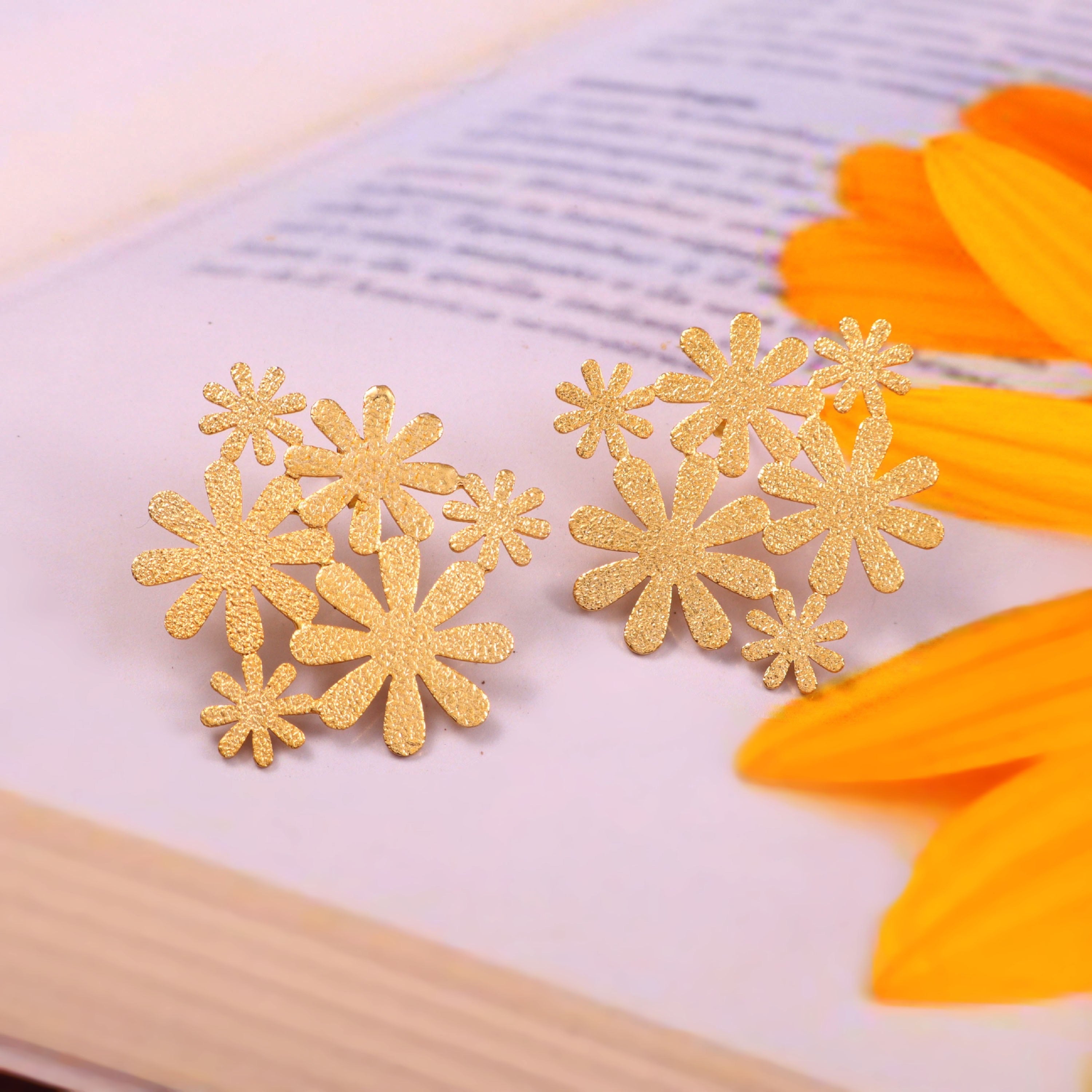 Gold Floral Cluster Statement Earrings