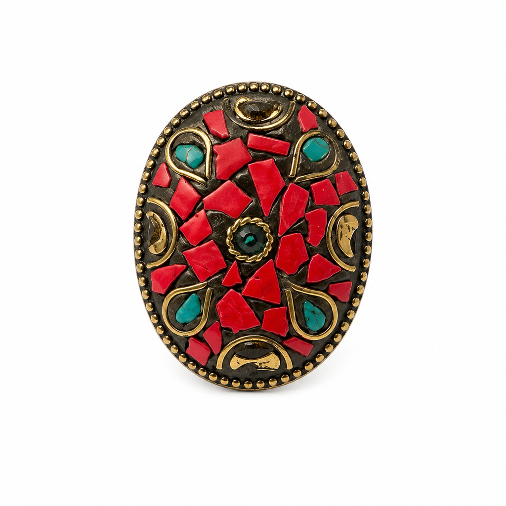 Red Coral Mosaic Statement Ring | Oval Boho Cocktail Ring
