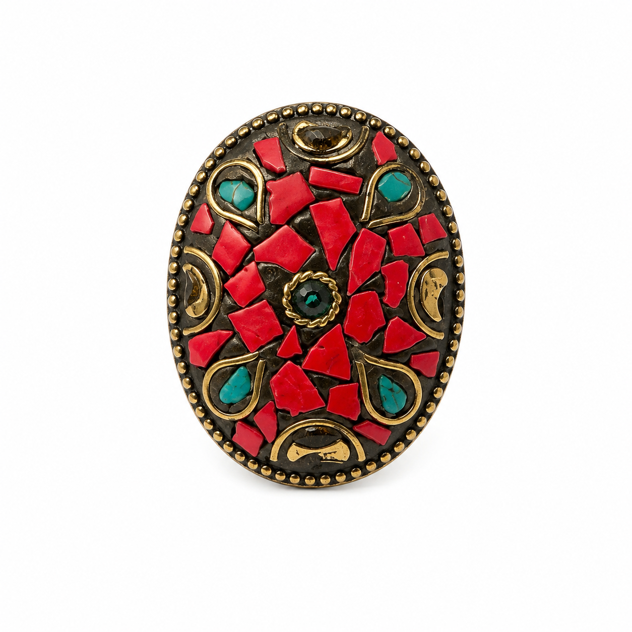 Red Coral Mosaic Statement Ring | Oval Boho Cocktail Ring
