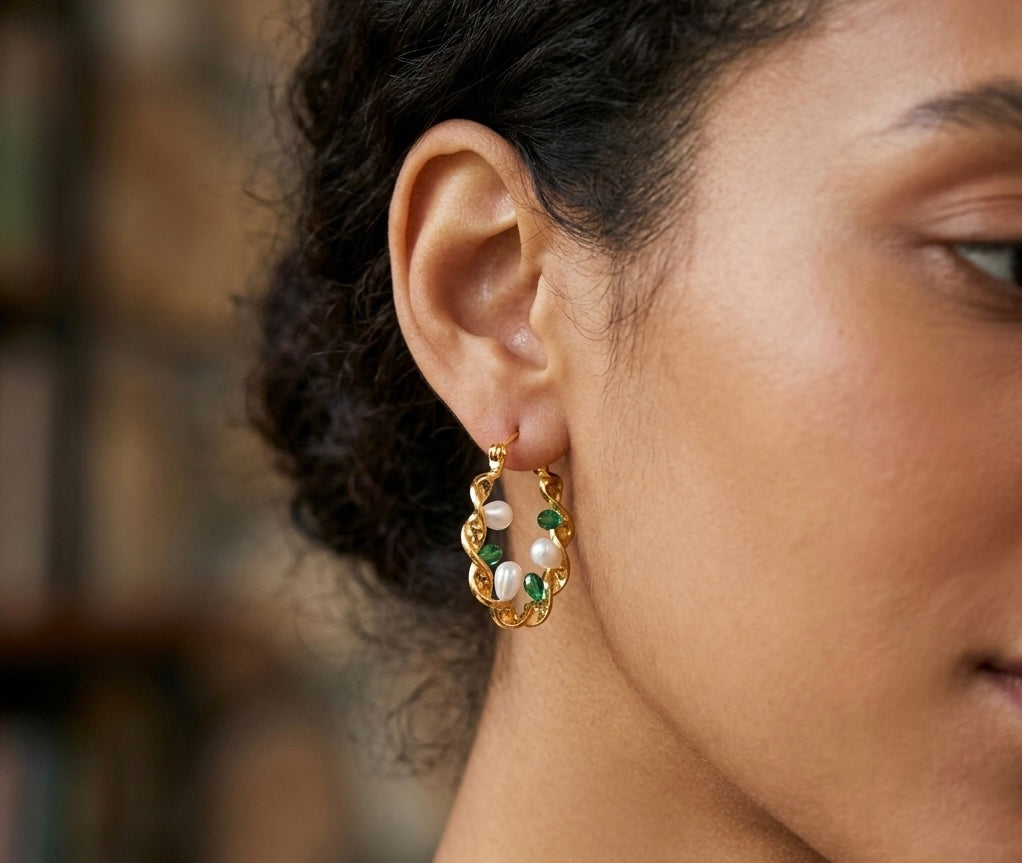 Twisted Gold Hoop Earrings with Pearl & Emerald Green Accents