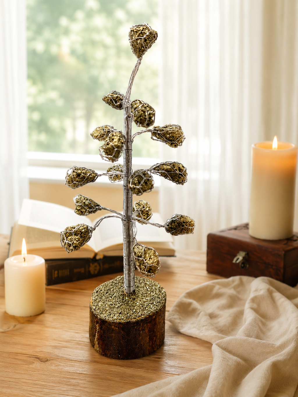 Natural Pyrite Gemstone Tree – Handmade Crystal Healing Tree Decor with Wooden Base