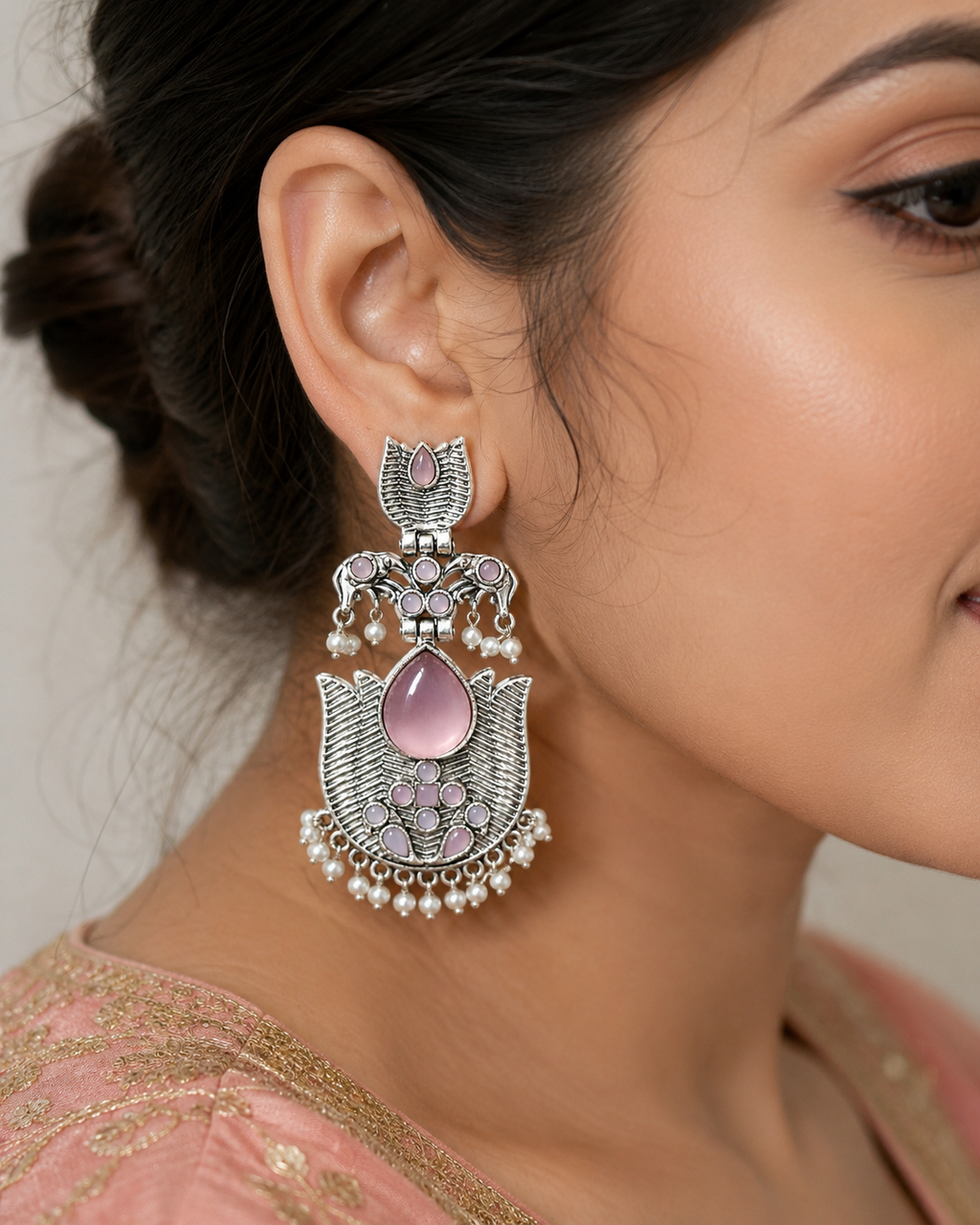 Elegant Pink Stone Oxidised Pearl Drop Earrings