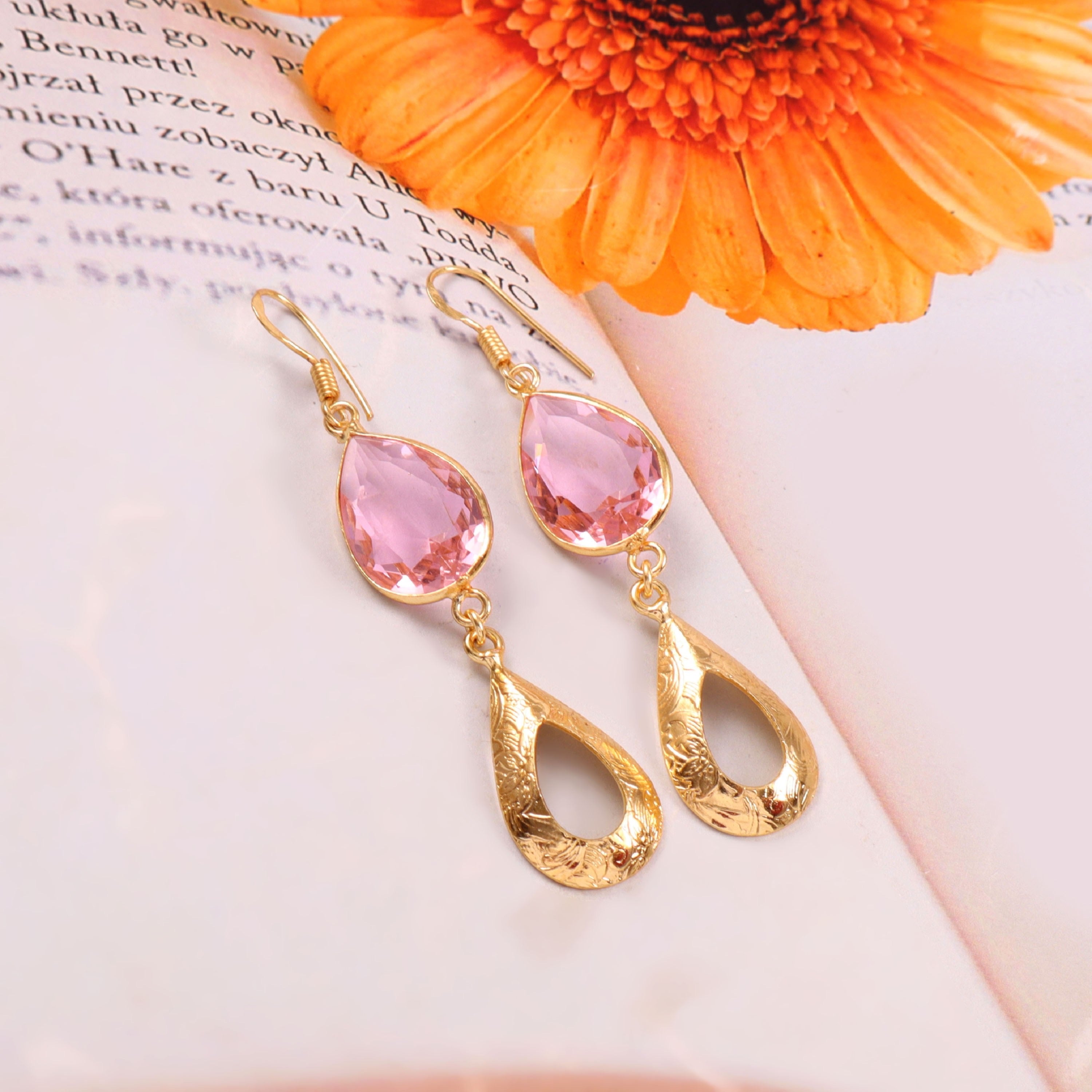 Pink Stone Gemstone Dangle Earrings Gold