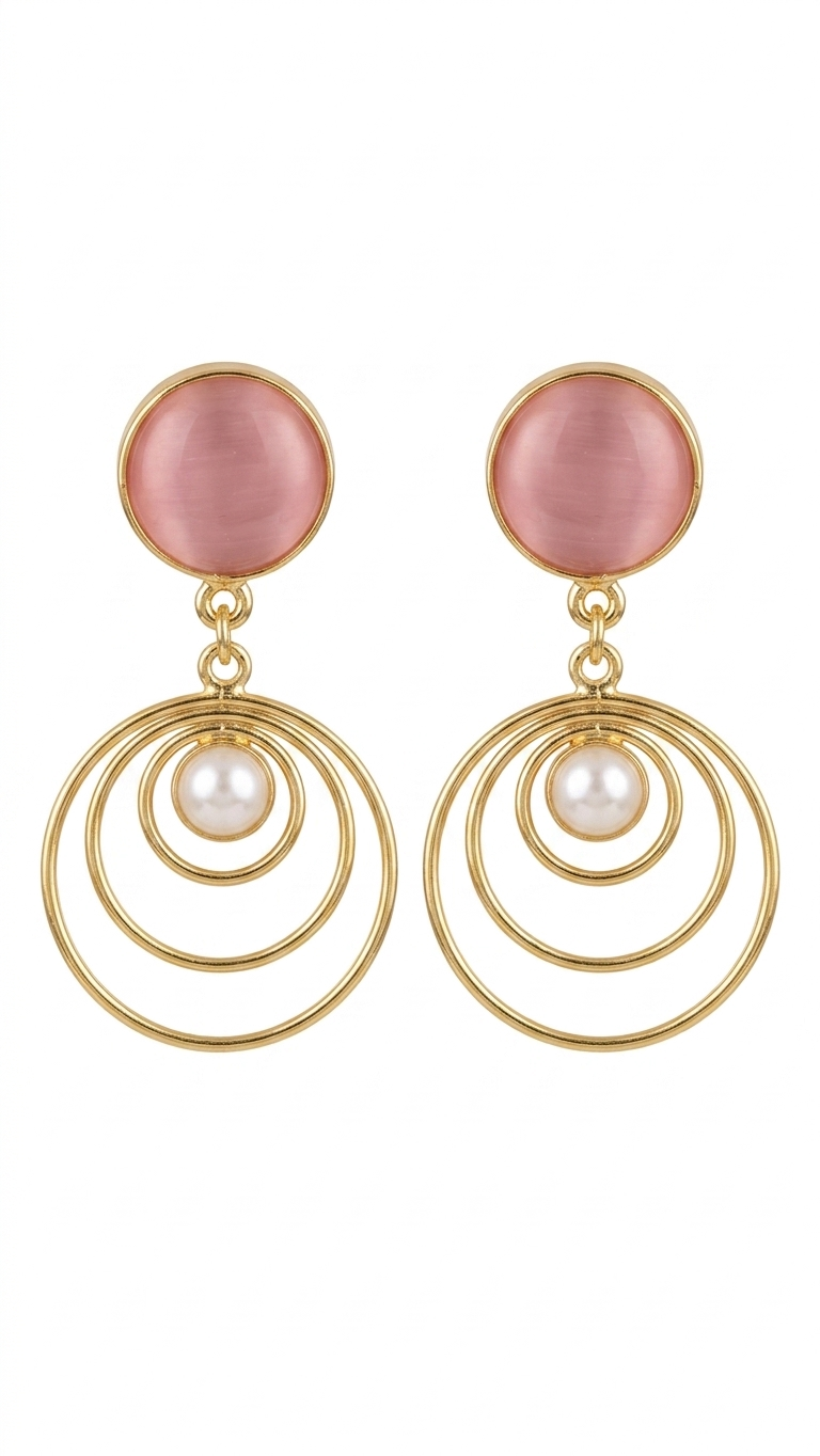Gold Circle Pearl Drop Earrings with Pink Stone