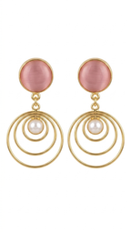Gold Circle Pearl Drop Earrings with Pink Stone