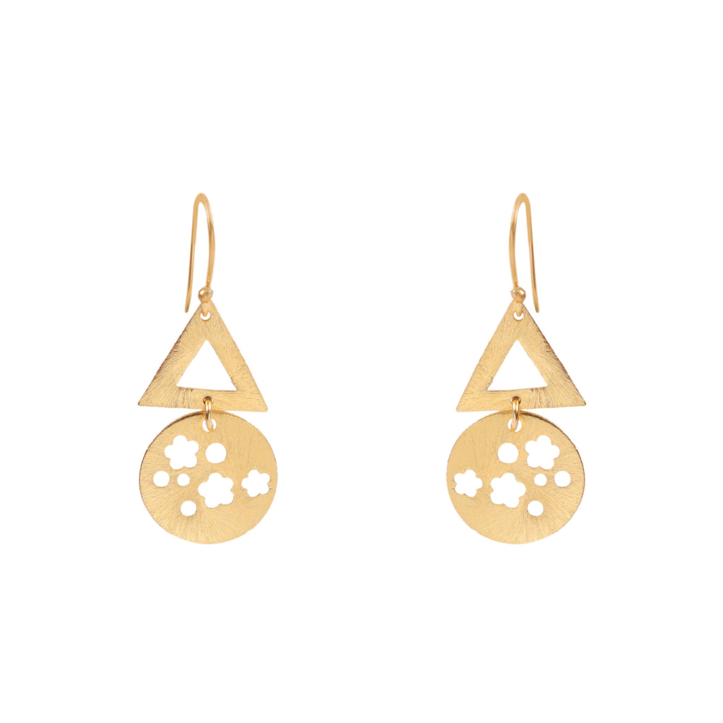 Gold Geometric Dangle Earrings Triangle & Floral Disc Drop
