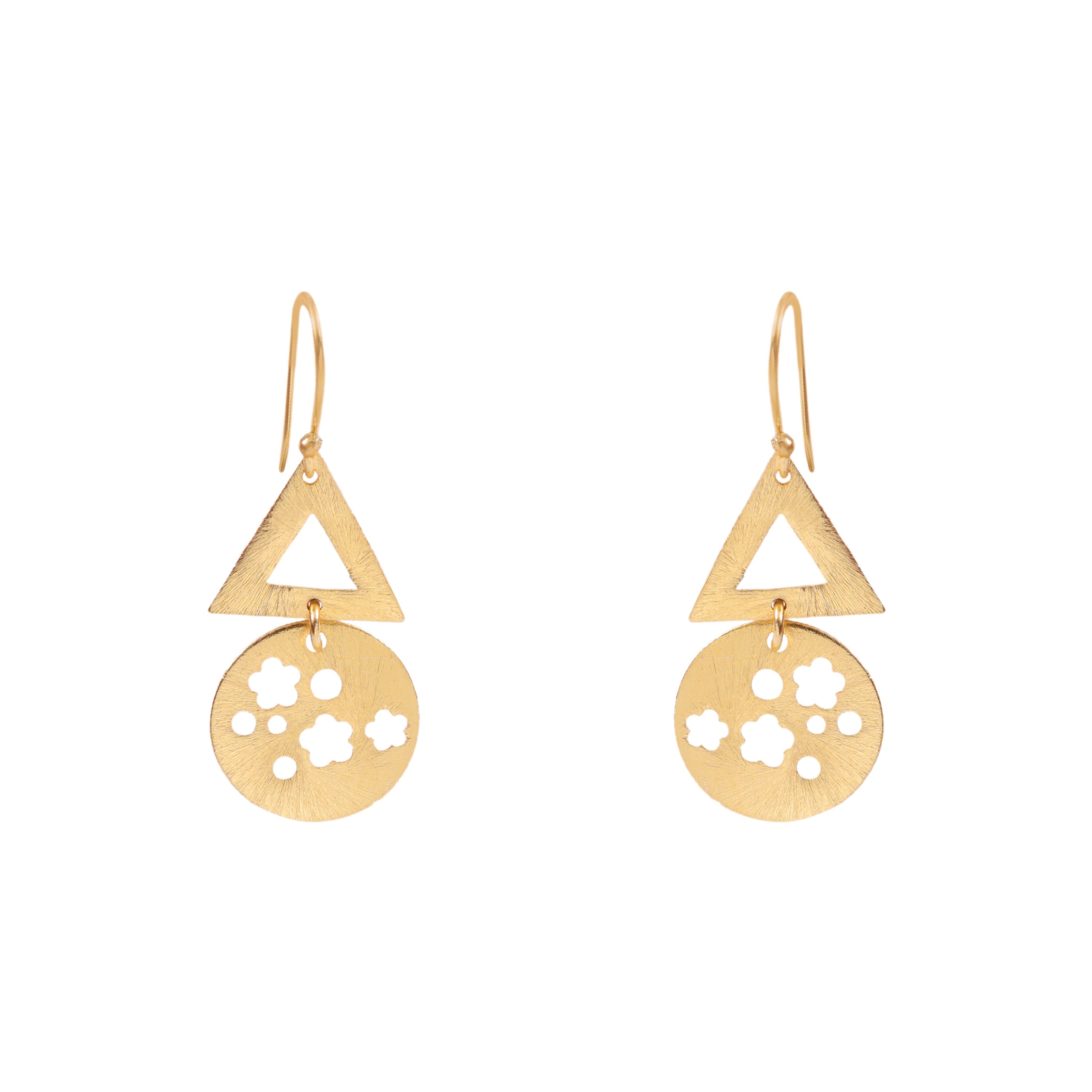 Gold Geometric Dangle Earrings Triangle & Floral Disc Drop